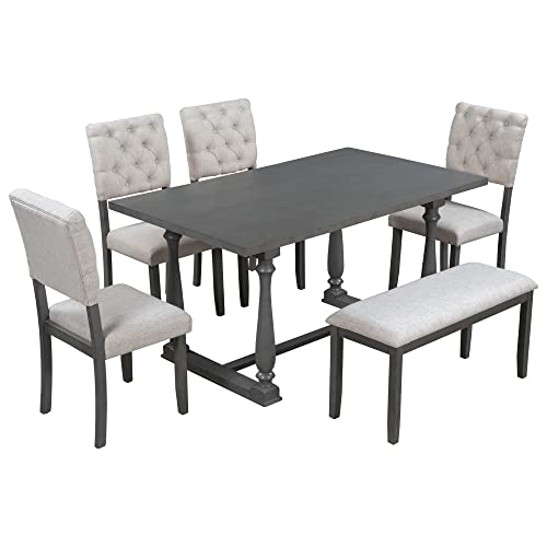 Merax 6 Piece Kitchen Dining Table Set, Wooden Rectangular Dining Table with Upholstered Bench and 4 Chairs, Dining Room Table Set for 6 People, Living Room Furniture (Gray, Beige Cushions)