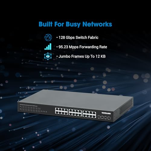 Image of Intellinet 24-Port Unmanaged PoE+ Gigabit Ethernet Switch - 370W Power Budget, 4 x 10 Gbps SFP+ Ports, Rackmount / Desktop, Autosensing Ports, Sturdy Metal - 3 Yr Mf Warranty - 561761