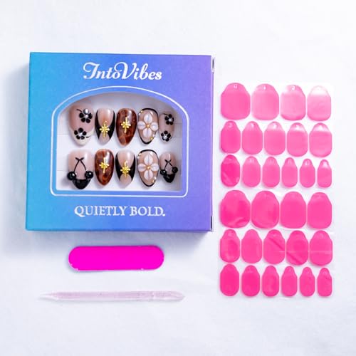 IntoVibes 10 Pieces Handmade Short Almond Press On Nails, Black Thickened False Nails, 3D Cherries And Flowers, Reusable Fake Nails Almond, Reusable Acrylic Nails (S) — view 5