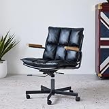PELLEBAR Home Office Chair, Ergonomic Mid-Century Modern Genuine Leather Chair with Oak Armrest, Executive Rolling Swivel Adjustable Task Armchair for Adults, Black