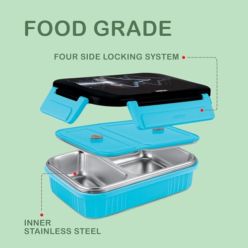 Image of MILTON Meal Safe 2 Inner Stainless Steel Tiffin Box for School with Steam Release Plug | PU Insulated, Leak-Proof, Food Grade I Lunch Box for Kids Boys, Girls with Snap Lock Lid, 465 ml, Blue