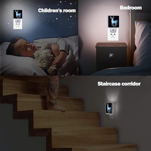 Image of Blue Deer Night Light, Northern Lights Night Lights Plug into Wall Decor for Bedroom, Bathroom, Hallway, Kitchen, Dusk to Dawn Sensor Nightlights for Women Men Room Gifts