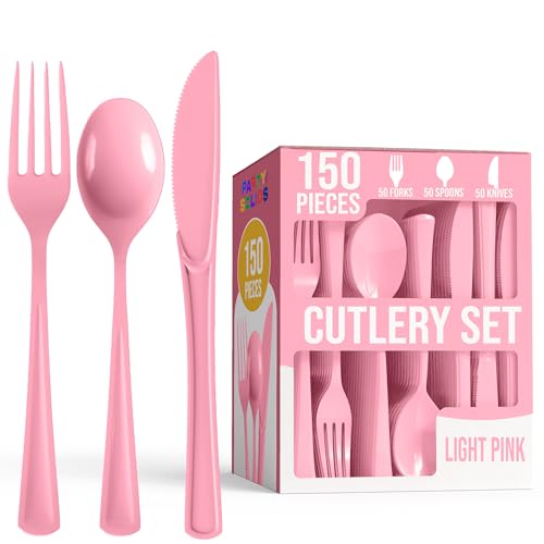 Party Solids Pink Plastic Silverware Heavy Duty 150 Pieces Pink Disposable Silverware Heavy Duty Utensil Sets 50 Of Each Forks Knives & Spoons Disposable Cutlery Set For Party Supplies