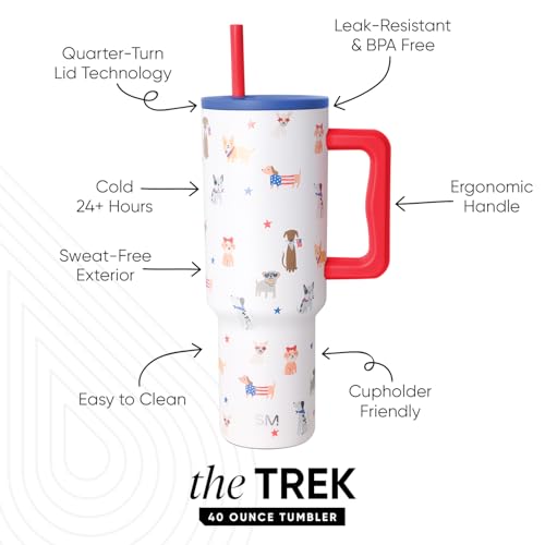 Image of Simple Modern 4th of July 40 oz Trek Tumbler with Handle and Straw Lid | Cup Holder Friendly Insulated Stainless Steel Travel Mug | Patriotic Pets