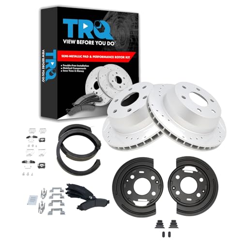 Image of TRQ Performance Rear Brake Pad & Rotor Set Semi Metallic Coated Drilled for 02-03 Cadillac Escalade 02-06 Chevrolet Silverado GMC Sierra 1500 03 Avalanche Suburban Tahoe Yukon Yukon XL 1500
