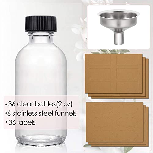 Image of 36 Pack, 2 oz Small Clear Glass Bottles w /Lid & 6 Stainless Steel Funnels - 60ml Boston Sample Bottles - Mini Travel Essential or Decorative Bottles for Potion, Juice, Wellness, Ginger Shots, Whiskey
