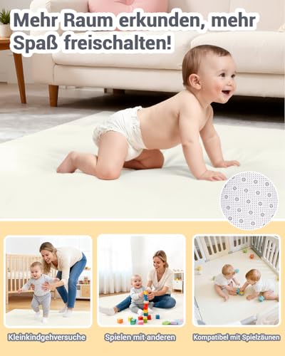 Favodormir Dicke Spielmatte Baby 120×120×3cm,Beige Teppich für Kinderzimmer,Rutschfester Unterseite,Schaumfüllung Krabbelmatte mit Weicher Oberfläche, Pflegeleicht,Krabbeldecke für Laufgitter