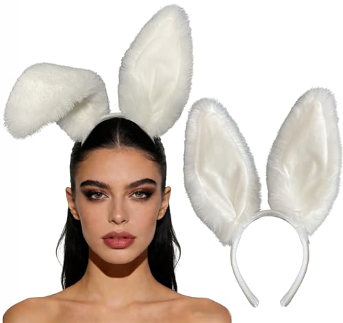 IGMaryBox White Plush Bunny Ears Headband for Women Soft Fluffy Rabbit Ear Headband Costume Accessories for Easter Party Halloween Cosplay Bunny Costume Photo Props