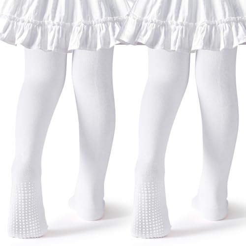 Coziwill Socks - Baby Tights Non Slip Toddler Stockings Tights with Grippers Seamless Soft Cotton Cable Knit Baby Girl Leggings 6-12 Months Newborn 2 Pack (White, S)