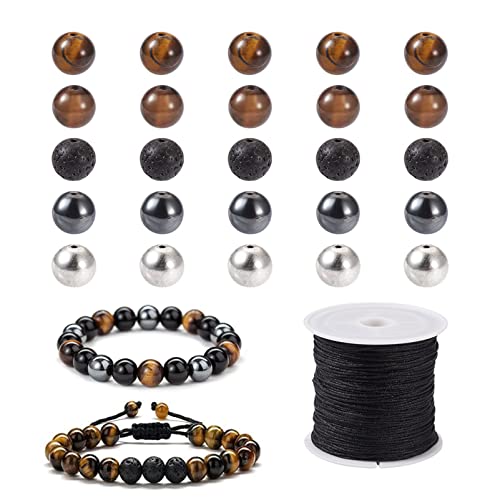FASHEWELRY Mala Yoga Men Bracelet Making Kit - 220pcs Natural Gemstone Lava Rock Tiger Eye Beads Healing Crystal Chakra Stone Beads with Black Nylon String for Essential Oil Diffuser Jewelry Making