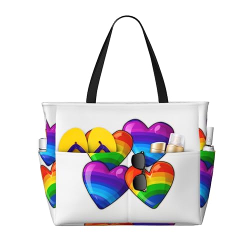 Rainbow Colored Gay Pride Hearts Beach Bags For Women Large Waterproof Sandproof Beach Tote Bag Pool Bag Lightweight Zipper Carry On Bags For Gym Travel Vocation