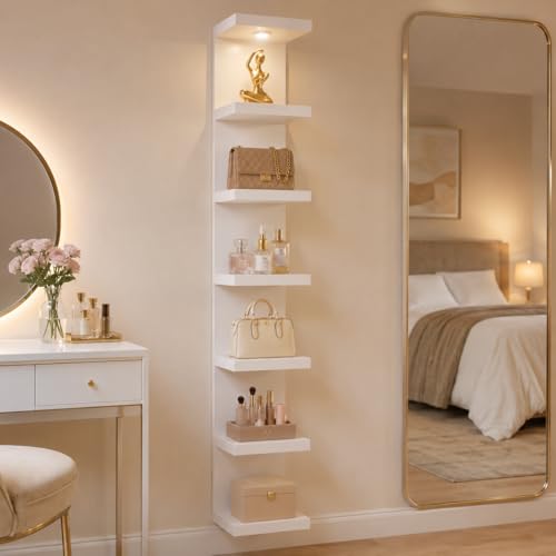TFK 7 Tier Floating Wall Shelf with Lights, Tall Display Lack Shelf, White