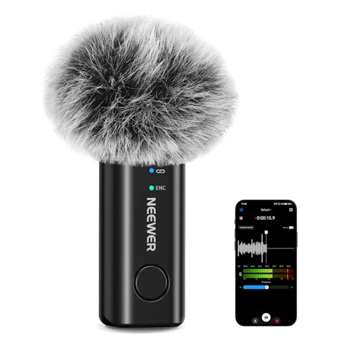 NEEWER KM23B - Microfono wireless Lavalier, controllo app per iPhone e telefoni Android, cancellazione del rumore, batteria da 8 ore, mini microfono magnetico con clip sul bavero, per registrazione