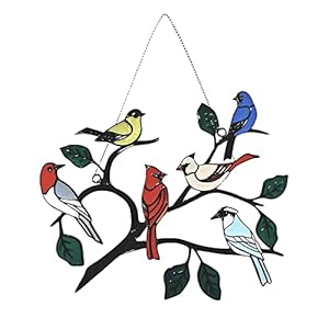 Gekleurd glas, raamdecoratie, kunst, decoratieve vogels, acryl, vogels op een draad, hanger met vogels, hangende…