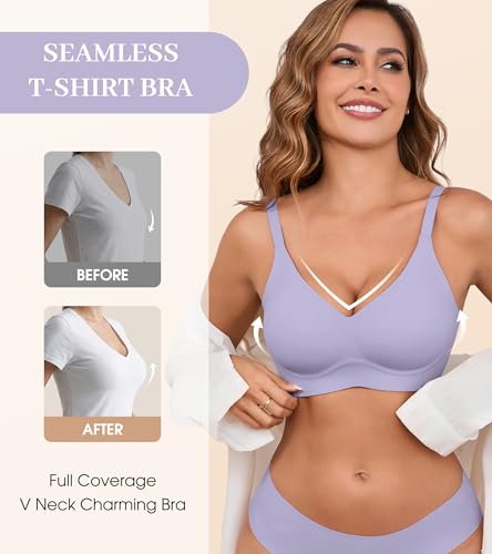 Image of DEANGELMON Seamless Bras for Women No Underwire Comfortable Push Up Bra V Neck Wireless Bralette Full Coverage Wire Free