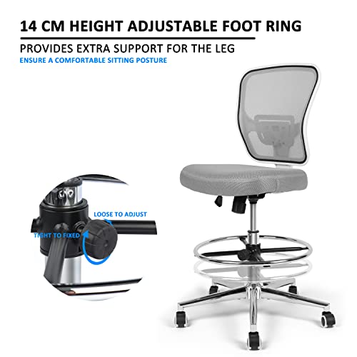 Image of Drafting Chair, Tall Office Chair for Standing Desk, Drafting Stool with Lumbar Support, Adjustable Height and Foot Ring, Grey