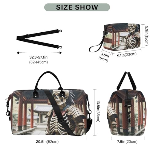 Large Travel Duffel Bag, Japanese Skeleton Warrior Sports Tote Gym Bag, Shoulder Weekender Overnight Bag for Women Men, Carry On Luggage with Toiletry Bags3
