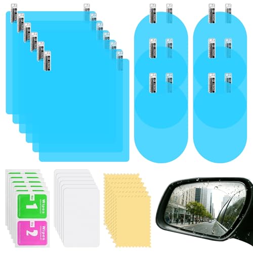 Lxsloet 12PCS Car Rearview Mirror Film, Rear View Mirror Adhesive, Rainproof Waterproof Anti Fog Nano Coating for Mirrors and Side Windows, Safe Driving Protective Sticker Film for Most Vehicles