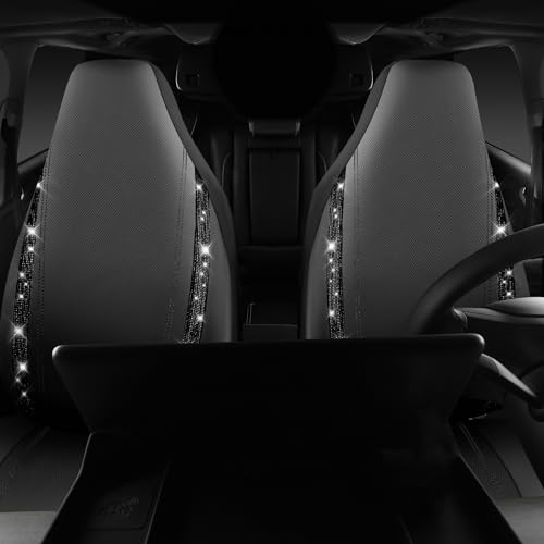 Image of CAR PASS Leather Car Seat Covers High Back Bucket Bling Diamond Front Seats, Waterproof Universal Shining Glitter Crystal Sparkle Fit Model 3 Tesla Model Y, Truck SUV Cute Women Girl, Black Rhinestone