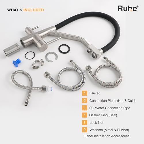 Image of Ruhe Wind Kitchen Sink Mixer Tap with RO Water Supply | Hot & Cold Dual Water | Flexible Silicon Spout | 360 Swivel | Table Mounted Faucet | 304-Grade Stainless Steel Kitchen Faucet