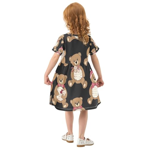 Girls Short Sleeve Dress Cute Teddy Bears Black Toddler Summer Kids Casual Playwear Outfits, 2T3
