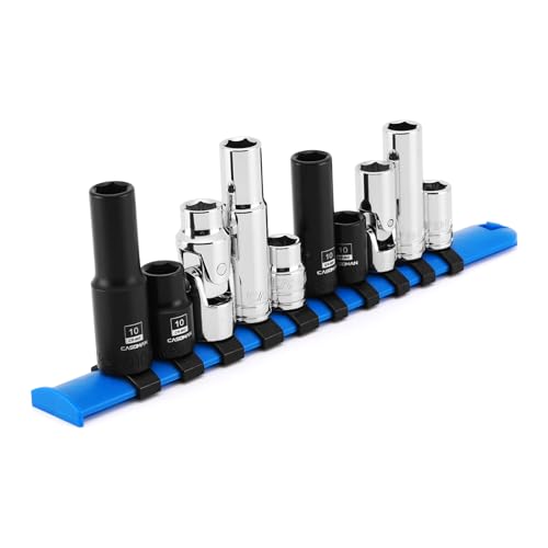 CASOMAN 10-Piece Shallow Deep Impact Socket & Flex Socket Set - 10mm 1/4 & 3/8 Drive 6-Point Universal Socket CR-MO & CR-V with Storage Rail