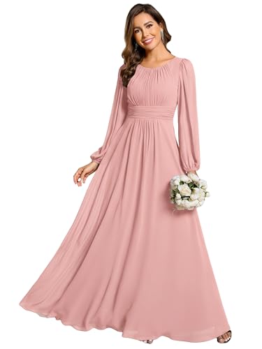 Image of Ever-Pretty Women's Crewneck Long Lantern Sleeves Floor Length A-Line Pleated Chiffon Formal Dress 0106B