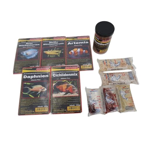 SAHAWA Aquarium Futterset – Frostfutter & Lebendfutter + 250 ml Zierfischflocke | Nährstoffreiches Fischfutter für Gesellschaftsbecken