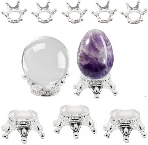 Nwsrayu 2 sizes 10 pcs Metal Silver Crystal Ball Stands Globe Stone Holders Sphere Displays Mini Crown Lensball Base for Balls,Tennis, Marbles, Collections 20/30/40/50/60/70/80/100mm (5S+5L)