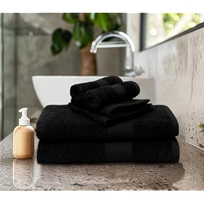COTTON CRAFT 8-teiliges Handtuch-Set, 100 % Baumwolle, Plüsch, 500 g/m², weich, super saugfähig, luxuriöse gerippte Bordüre, 2 Badetücher, 2 Handtücher, 4 Waschlappen, Schwarz – Bild 3