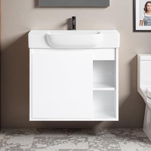 Image of 24 inch Bathroom Vanity with Ceramic Sink, Modern Wall-Mounted Bathroom Vanity with Soft-Close Door & 2 Open Storage Shelves, Farmhouse, Undermount Storage Cabinet, Easy to Clean, Glossy White