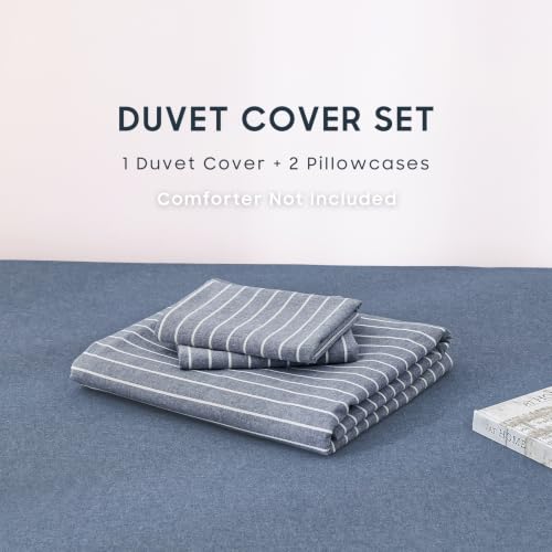 Image of Wake In Cloud - Striped Cotton Duvet Cover Set, Ticking Stripe Vertical Pinstripe Farmhouse, 100% Washed Cotton Textured Bedding Set, 3 Pieces, Denim Blue, Full Size