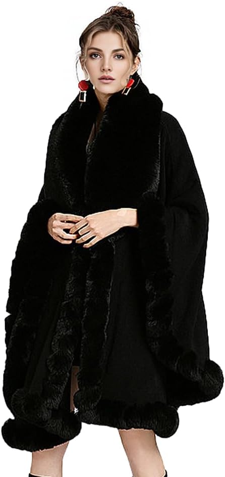 Women Fur Collar Cape Thick Cardigan Coats Fall Winter Faux Fur Shawl Cloak for Dress Evening Party - Image 4