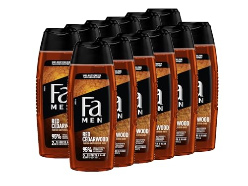 FA Gel de ducha Men Red Cedarwood con fragancia inspirada en perfume (12 x 250 ml) fórmula 2 en 1 para cuerpo y cabello, experimenta la potente y duradera combinación de fragancias de madera de cedro