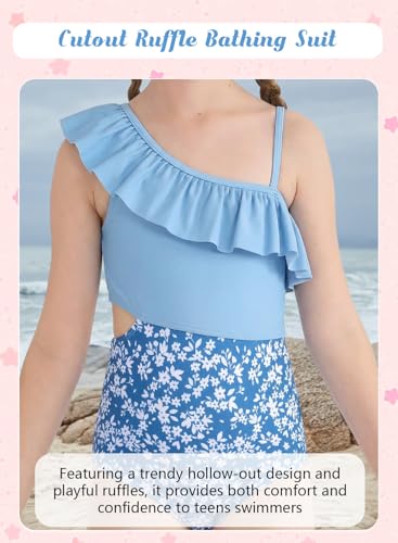 Image of Alakuoti Girls One Piece Swimsuits Cutout Ruffle Bathing Suit Quick Dry Beach Swimwear with Adjustable Strap 5-14 Years