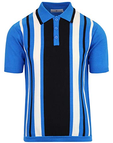 Madcap England Men's Retro Mod 50s 60s 70s Sixties Seventies Striped Knitted Knit Short Sleeve Cotton Tipped Polo Shirt Top Folklore MC421 (UK, Alpha, XS, Regular, Regular, Blue)
