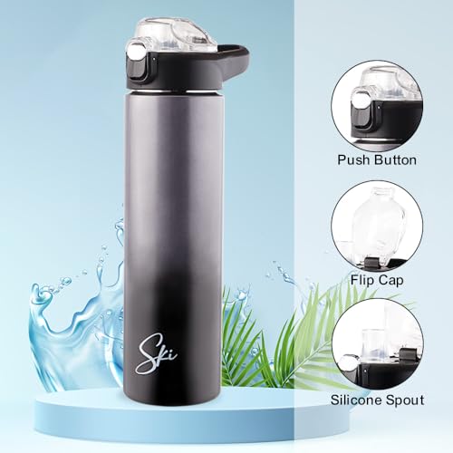 Image of SKi Homeware Stainless Steel Sipper Water Bottle 750ml with Push Button Flip-Top Cap for School, Office, Gym, Travel, Adults & Teens, Leakproof, Rust Free, Dual Colour Grey Gradient (Marco-Grey)