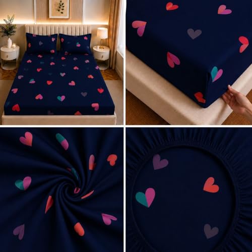 Image of Castiqa Elastic Fitted Supersoft Premium Polycotton 200TC King Size Bedsheet with 2 Pillow Covers (Fits Upto Mattress of 8 Inches) (Blue Multi Heart, Full 72x78x8 Inch)