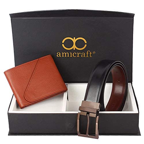 Image of Amicraft PU Leather Men's Combo Pack Of Wallet & Reversible Belt Gift Set