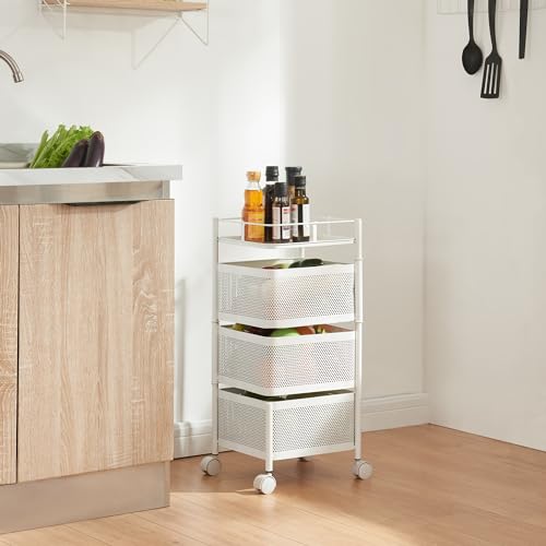 [en.casa] Carro de Servicio con 3 Cestas Rectangulares Verdulero con Paredes Perforadas y 2 Cestas Superiores Giratorias Carrito de Cocina Baño con 4 Ruedas Acero 65x27x27 cm - Blanco