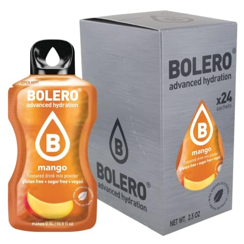 Boléro MANGO 24x3g | Jus en poudre sans sucre, édulcoré à la stévia + vitamine C | pour enfants et sportifs | sans gluten, végétalien | saveur de mangue