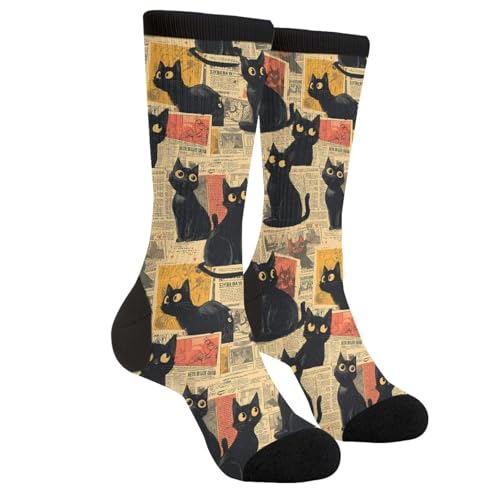 Tuaakeo Vintage Newspaper Black Cat Socks Funny Novelty Socks Casual Athletic Crazy Crew Socks For Women Men Gifts