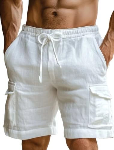 Image of INKKR Men's Cargo Linen Shorts Beach Shorts Drawstring Elastic Multi Pocket Plain Comfort Breathable Knee Length Cotton Shorts