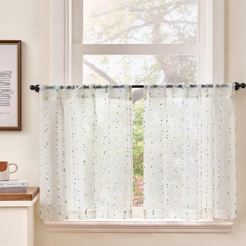 TOPICK Rideau Cuisine Voilage Brise Bise, Rideaux Court Lot de 2, avec Verts Pois 65L x 60H(cm) Passe-Tringle, pour Placard Fenetre Salon sous Evier