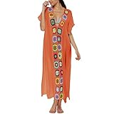 Lu's Chic Women's Crochet Swimsuit Cover Up Floral Maxi African Kaftan Long Caftan V Neck Embroidere