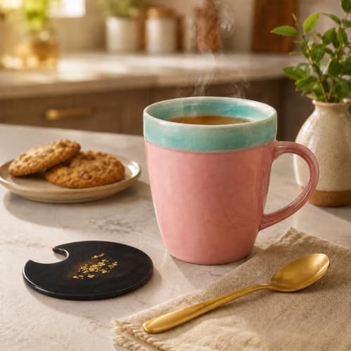 Image of The Earth Store Pink Green Flow Coffee Mug with Lid and Spoon Set of 2 | 340ML Ceramic Coffee Mugs Set of 2 | Resin Art Wooden Lid & Golden Spoon | Premium Coffee Mugs for Gift