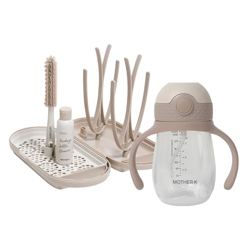 Image of MOTHER-K Travel Baby Bottle Drying Rack Set (Cream Mocha) + Sippy Cup 8oz (Pink)