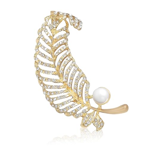 JYNXOR Cardigan élégant Broche en Métal, Broche Perle Simulée de la Mode,épinglette Délicate à la Mode, Plume Noble pour Femme Chapeau Sac Mariage Anniversaire élégant Robe Accessoires (Doré)