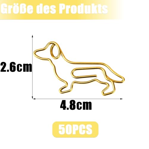 luckaide Büroklammern, 50 Stück Büroklammern Motiv Dackel Gold Metall Kleine Klammern Dachshund Tiereform Lesezeichen Paper Clips Briefklammern Papierklammern Aktenklammer für Postkarten Büro Schule