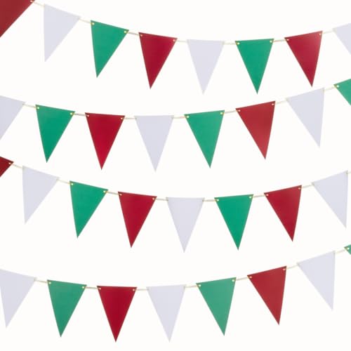 Image of MOWO Red Green and White Pennant Banner Paper Bunting, 30 Counts, 20 feet